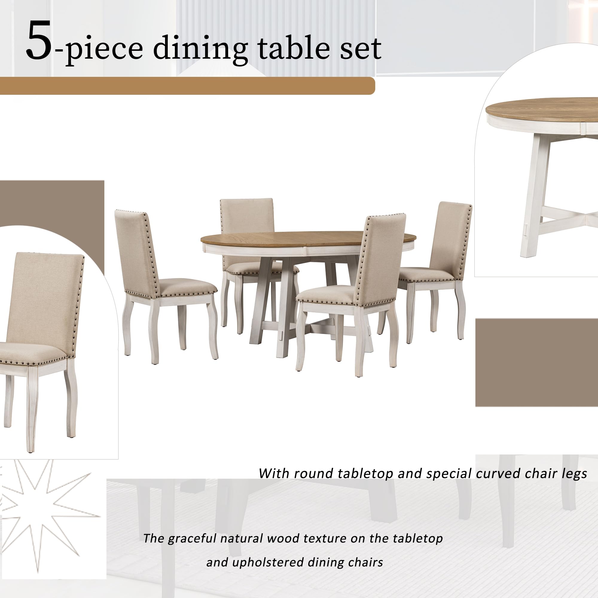 Merax Dining Table Set for 4, Wood Round Extendable Dining Table and 4 Upholstered Dining Chairs, Oak Natural Wood+Antique White