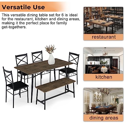 VINGLI 55in Modern Dining Table Set for 6, Rectangular Kitchen Dining Table, Bench, 6 Piece Wooden Dinner Table Set with Upholstered Chairs for Kitchen, Dining Room, Apartment - Rustic Brown