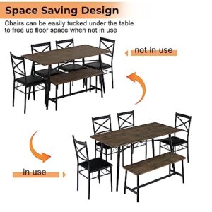 VINGLI 55in Modern Dining Table Set for 6, Rectangular Kitchen Dining Table, Bench, 6 Piece Wooden Dinner Table Set with Upholstered Chairs for Kitchen, Dining Room, Apartment - Rustic Brown