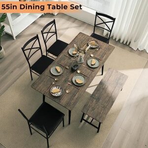 VINGLI 55in Modern Dining Table Set for 6, Rectangular Kitchen Dining Table, Bench, 6 Piece Wooden Dinner Table Set with Upholstered Chairs for Kitchen, Dining Room, Apartment - Rustic Brown