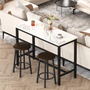 Lamerge 47.2" Bar Table Set of 2,Faux Marble Table Top,PU Leather Stools,3 Piece Pub Height Table Set,Dining Table Set,for Kitchen,Living Room,Nook,Bar,White&Brown