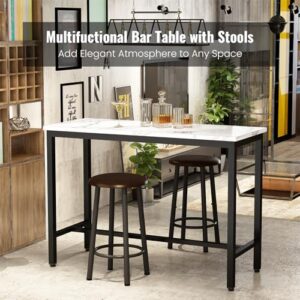 Lamerge 47.2" Bar Table Set of 2,Faux Marble Table Top,PU Leather Stools,3 Piece Pub Height Table Set,Dining Table Set,for Kitchen,Living Room,Nook,Bar,White&Brown