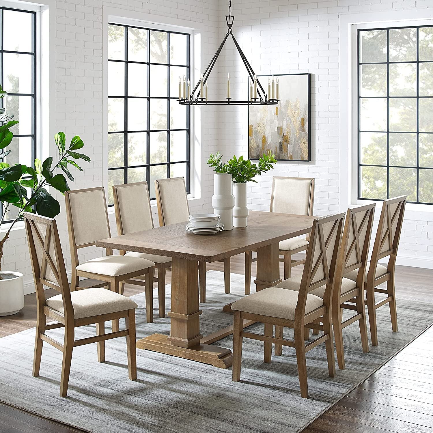 Crosley Furniture Joanna 9-Piece Dining Set with Table and 8 Upholstered Back Chairs, Rustic Brown/Crème