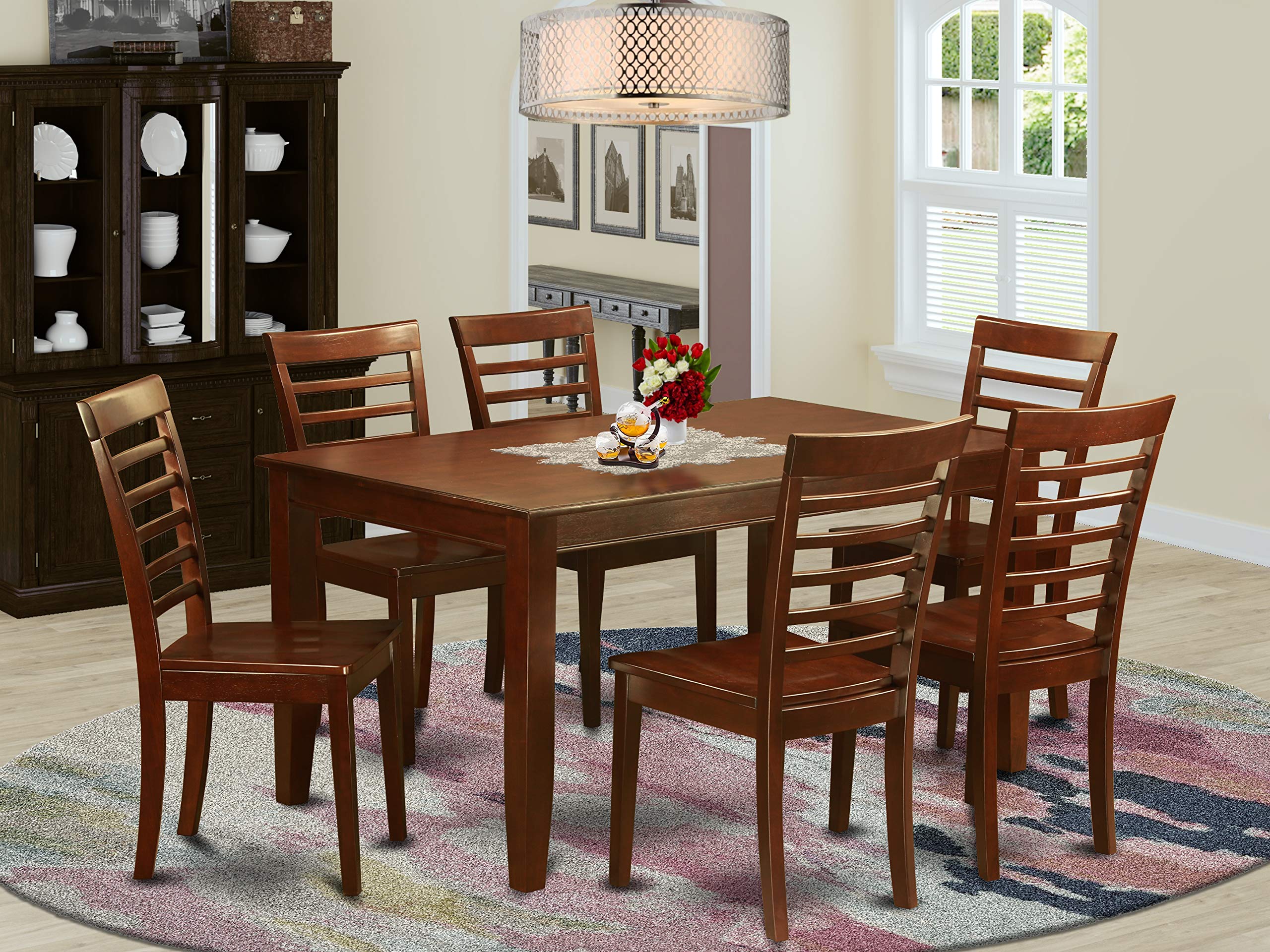 East West Furniture DUML7-MAH-W 7-Piece Kitchen Table Set - a Rectangular Modern Dining Table - 6 Wood Dining Chairs with Solid Wood Seat & Ladder Back - Mahogany Finish