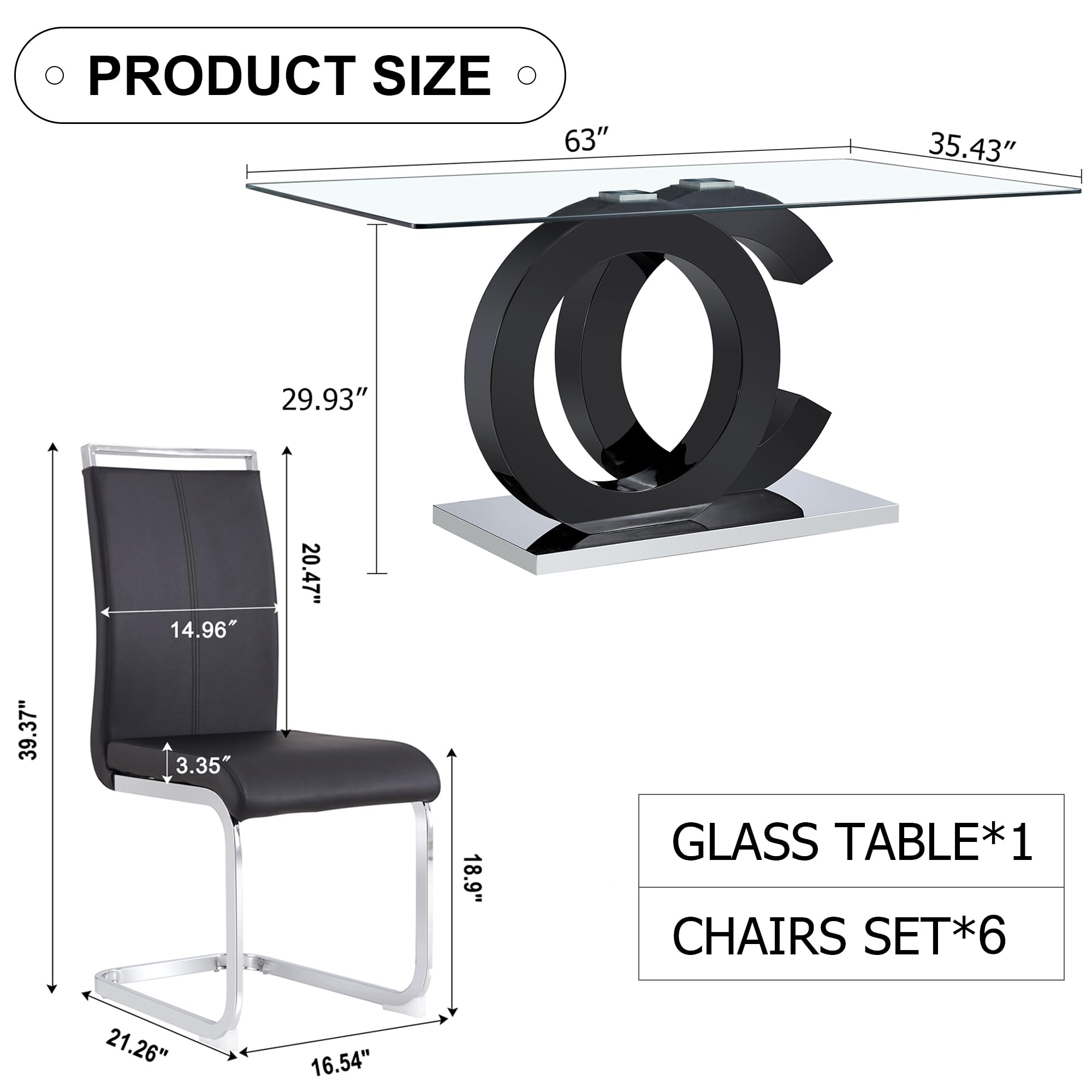 Ebullient Glass Dining Table Set for 6 ，7 Piece Dining Table Set,Tempered Glass Table Top，Modern Dining Room Table with 6 PU Leather Ergonomic Dining Chairs