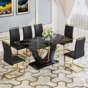 JUFU 71" Modern Dining Room Table Set for 6, Black Marble Faux Kichen Table Set with U-Shaped Base，Luxurious Rectangular Diner Table ANG Leather Dining Chairs with Golden Legs