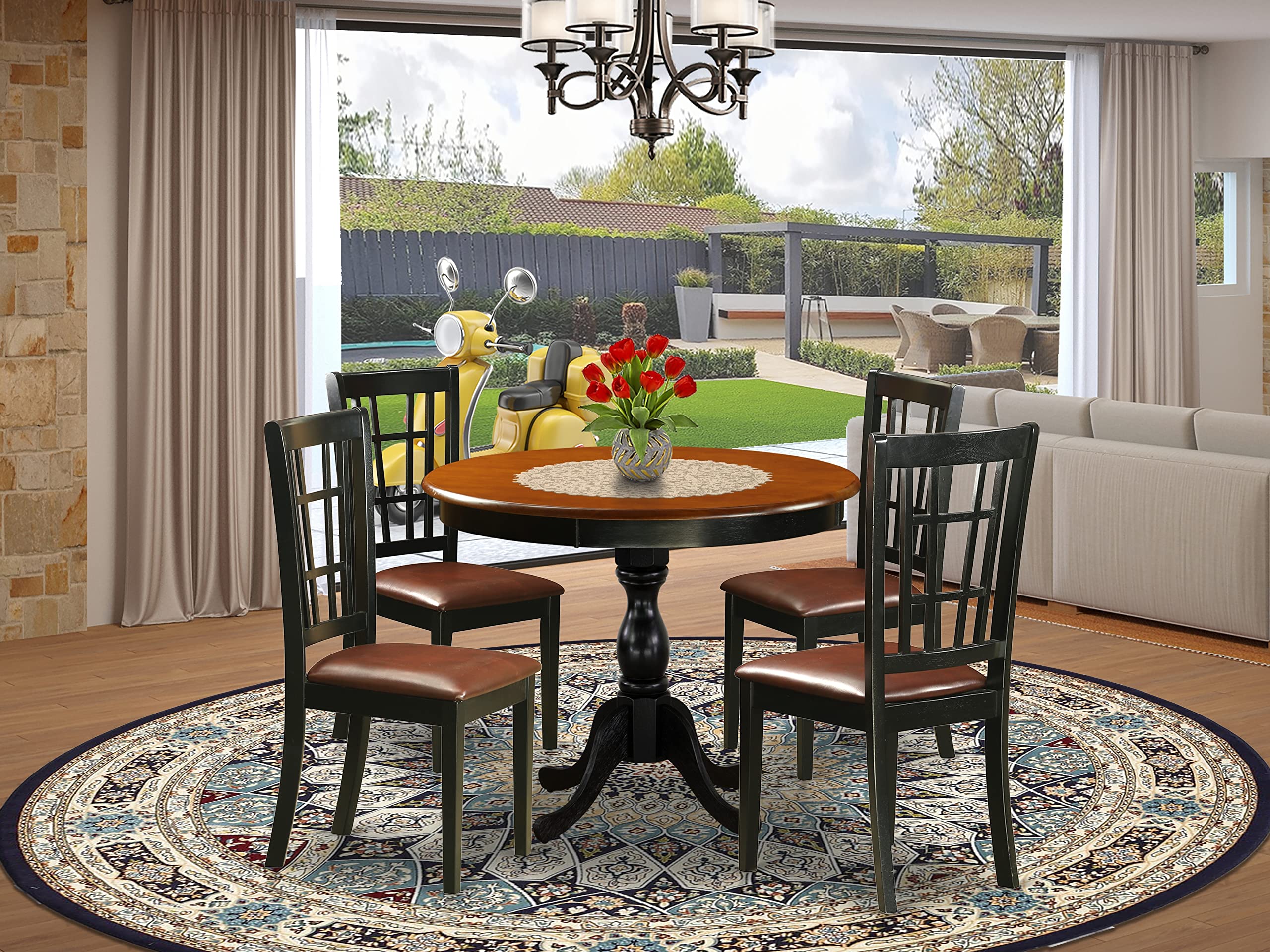 East West Furniture AMNI5-BCH-LC Antique 5 Piece Set for 4 Includes a Round Kitchen Table with Pedestal and 4 Faux Leather Dining Room Chairs, 36x36 Inch