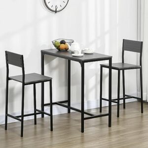 HOMCOM 3 Piece Bar Table and Chairs, Industrial Dining Table Set for 2, Counter Height Kitchen Table with Bar stools, Breakfast Table Set for 2 for Small Space, Gray