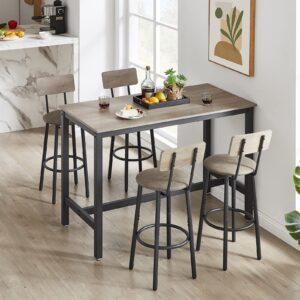 KIVENJAJA Bar Table and Chairs Set for 4, 5-Piece Rectangle Pub Bistro Table and PU Upholstered Stools with Backrest, Counter Height Dining Table Set for Kitchen Breakfast Nook Restaurant, Grey