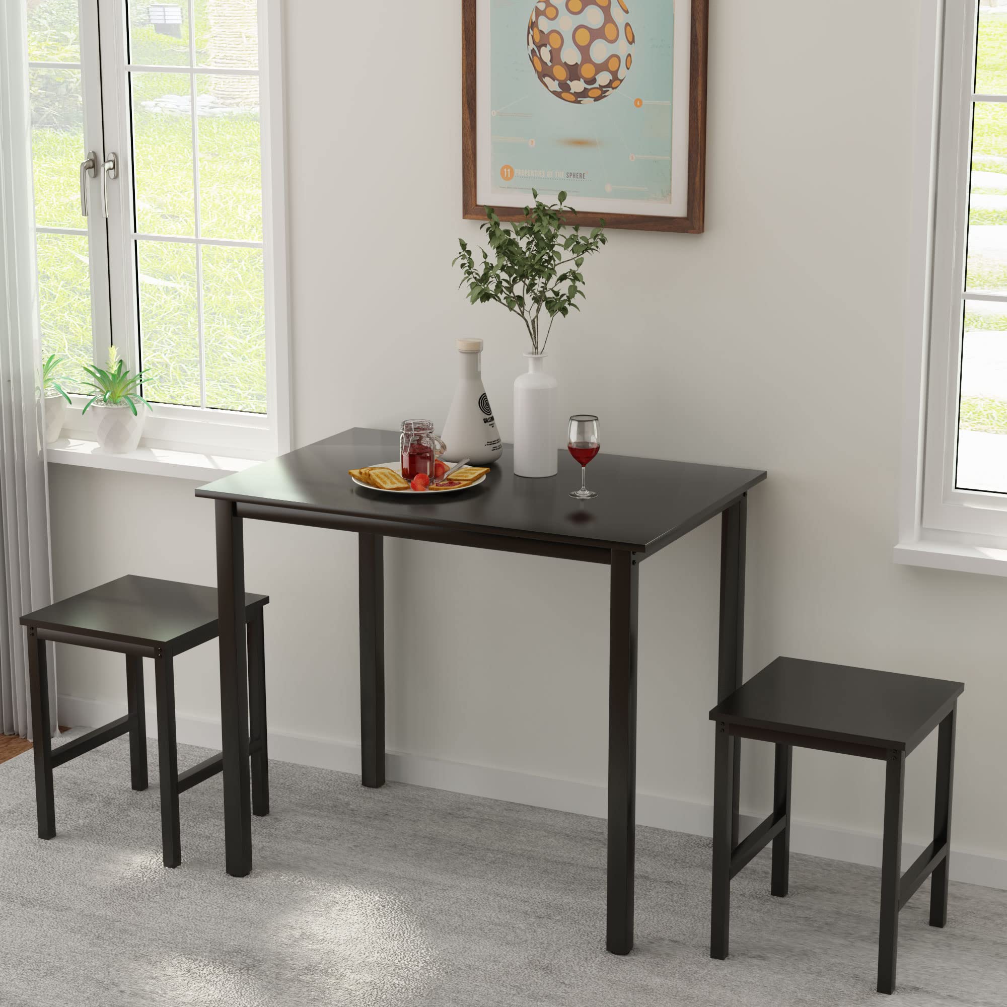 AWQM 3 Piece Dining Table Set, Small Kitchen Table and 2 Stools, Kitchen Breakfast Dining Table Set, Breakfast Table of 35.43 x 23.62 x 29.92 inches, Stools of 13.8 x 13.8 x 17.8 inches, Black