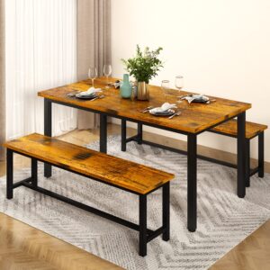 awqm dining table set with two benches, kitchen table set for 4-6 persons, kitchen table of 47.2x28.7x28.7 inches, benches of 40.5x11.0x17.7 inches, rustic brown