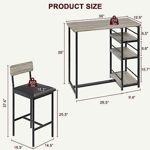 Amyove Dining Table Set for 2, Bar Table and Chairs for 2, Kitchen Table Set with 2 Upholstered Chairs, 3 Large Storage Shelves, Pub Table Set for Small Space, Apartment, Breakfast, Rustic Grey