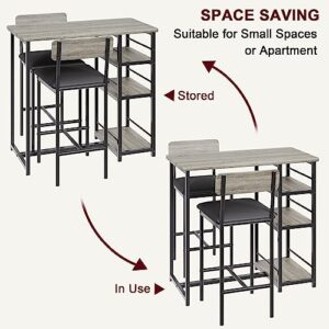 Amyove Dining Table Set for 2, Bar Table and Chairs for 2, Kitchen Table Set with 2 Upholstered Chairs, 3 Large Storage Shelves, Pub Table Set for Small Space, Apartment, Breakfast, Rustic Grey