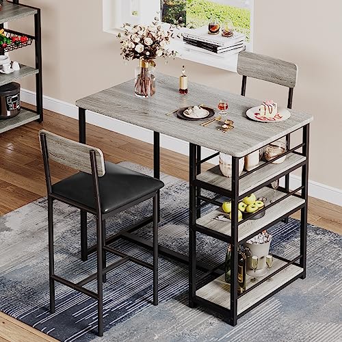 Amyove Dining Table Set for 2, Bar Table and Chairs for 2, Kitchen Table Set with 2 Upholstered Chairs, 3 Large Storage Shelves, Pub Table Set for Small Space, Apartment, Breakfast, Rustic Grey