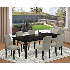 east west furniture lgab7-blk-06 7pc room set includes a rectangle 66/84 inch kitchen table with butterfly leaf and 6 parson chair with black leg and linen fabric shitake, 42x84 inch