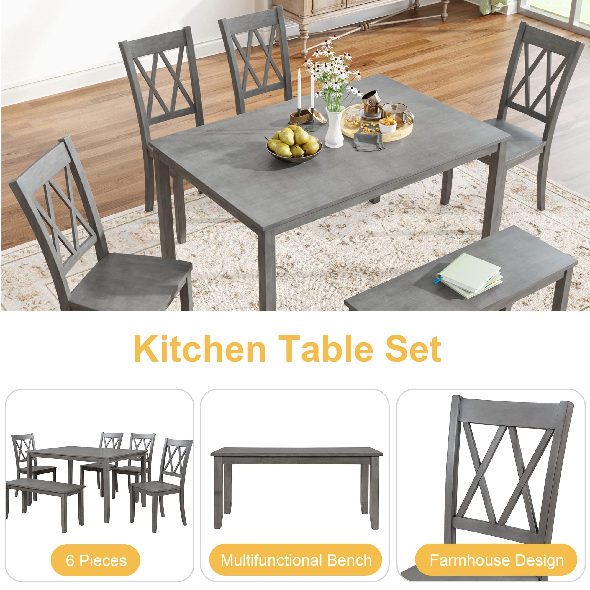 Harper & Bright Designs 6-Piece Dining Set with Bench, Kitchen Table Set with Wood Table, Bench and 4 Cross Back Dining Chairs, Graywash