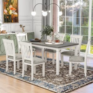merax 7-piece dining table set with 6 upholstered chairs, neoclassical style wood kitchen dining table with shaped legs, kitchen furniture set for family (grey+white)