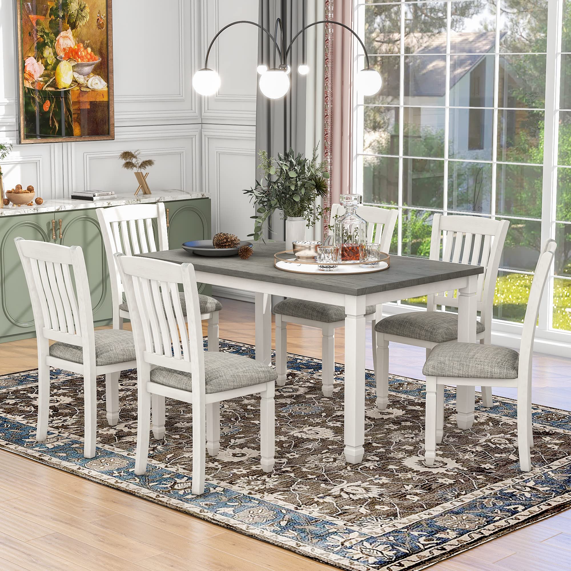 Merax 7-Piece Dining Table Set with 6 Upholstered Chairs, Neoclassical Style Wood Kitchen Dining Table with Shaped Legs, Kitchen Furniture Set for Family (Grey+White)