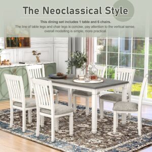 Merax 7-Piece Dining Table Set with 6 Upholstered Chairs, Neoclassical Style Wood Kitchen Dining Table with Shaped Legs, Kitchen Furniture Set for Family (Grey+White)