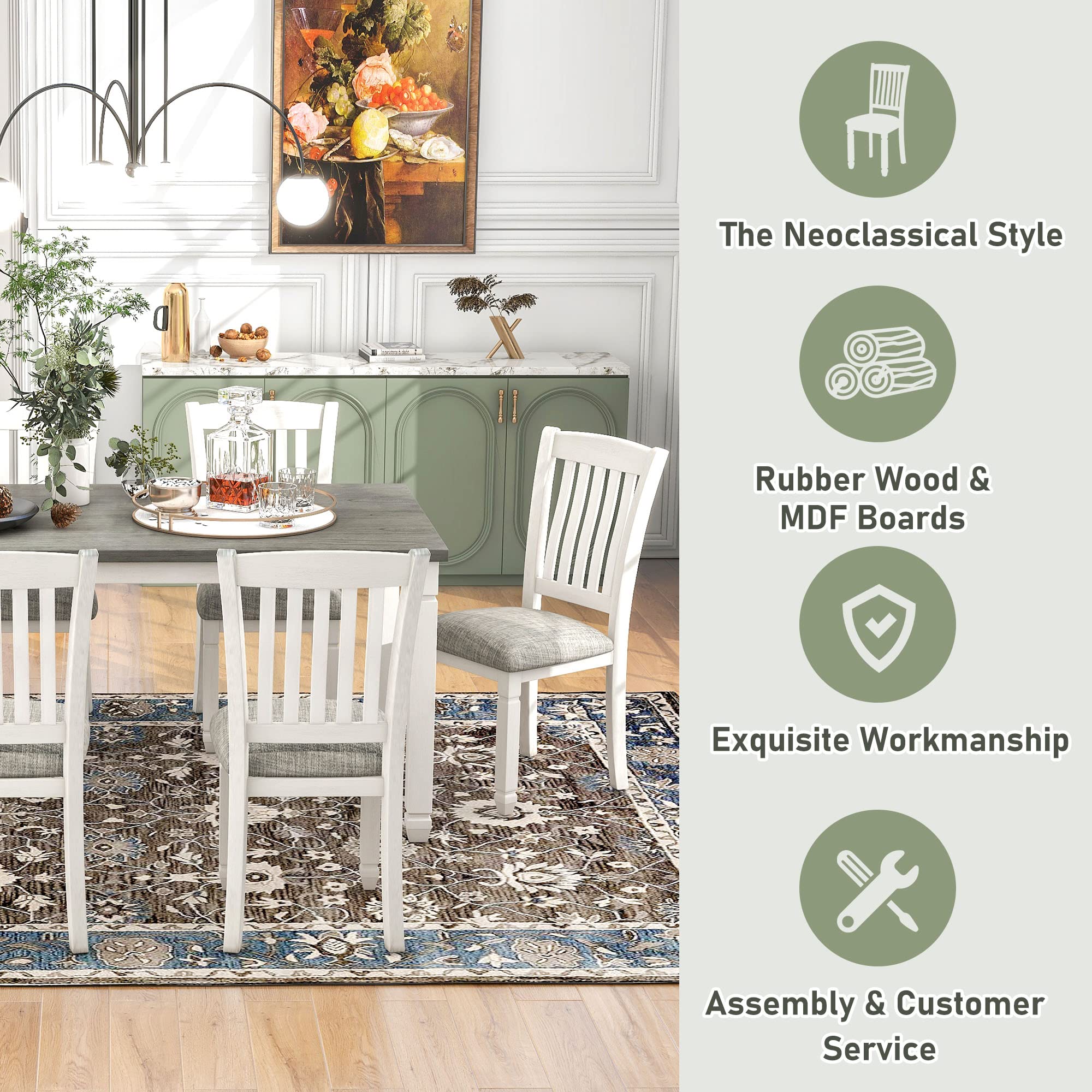 Merax 7-Piece Dining Table Set with 6 Upholstered Chairs, Neoclassical Style Wood Kitchen Dining Table with Shaped Legs, Kitchen Furniture Set for Family (Grey+White)