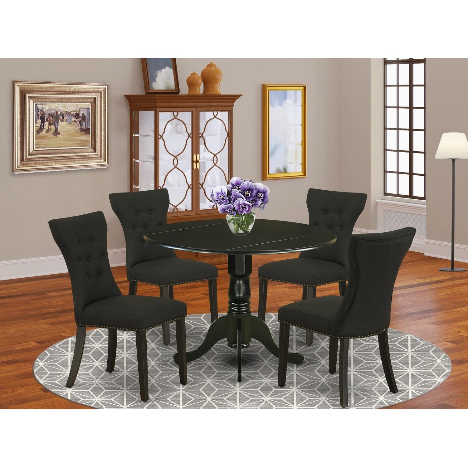 East West Furniture DLGA5-BLK-24 5 Piece Kitchen Table Set for 4 Includes a Round Dining Room Table with Dropleaf and 4 Black Linen Fabric Upholstered Chairs, 42x42 Inch, Black