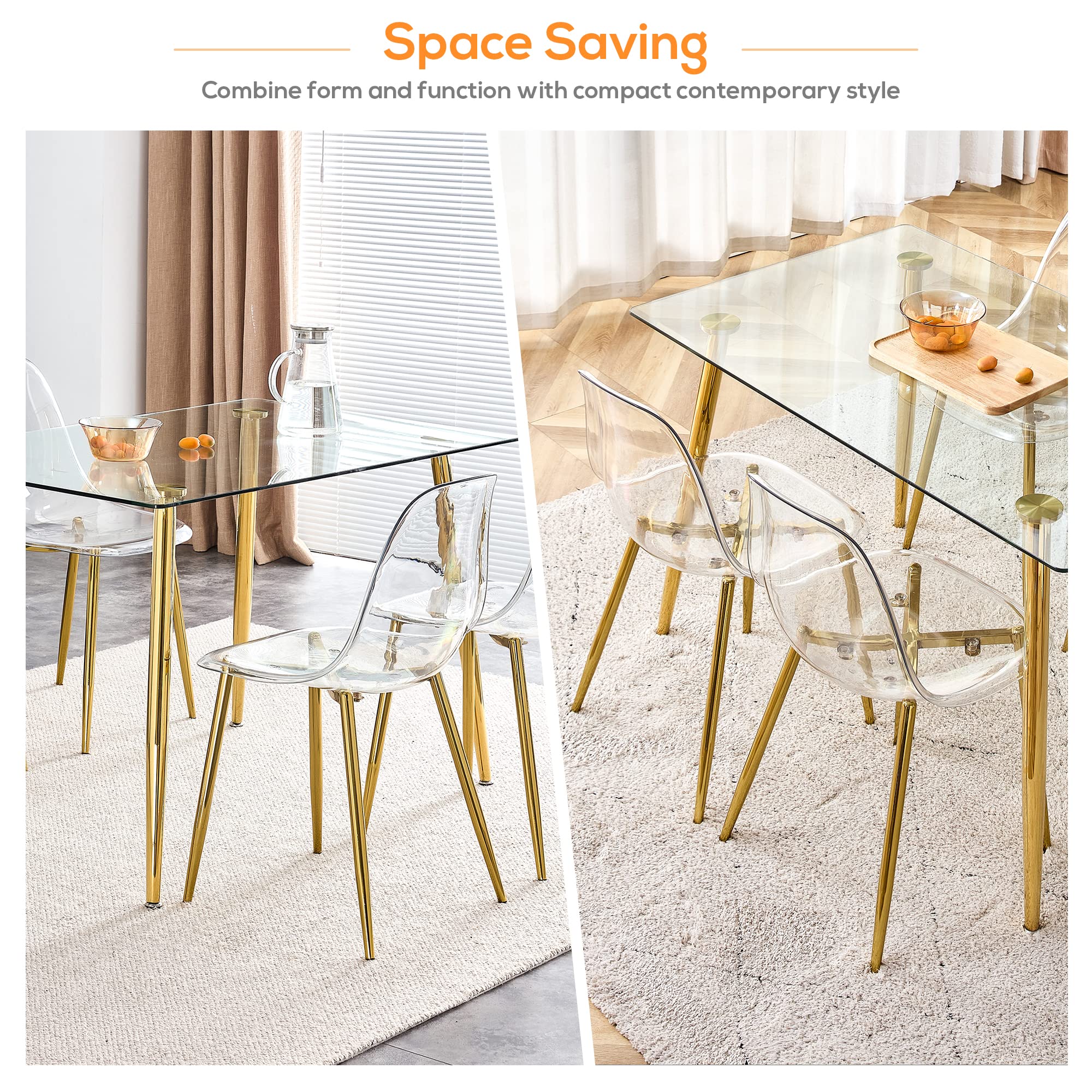 Ufurpie 5 Piece Glass Dining Table Set,51" Kitchen Table and Chairs for 4,Clear Dining Room Table Sets w/Gold Chrome Legs,Modern Dining Room Sets for Home, Kitchen, Dining Room(Gold)