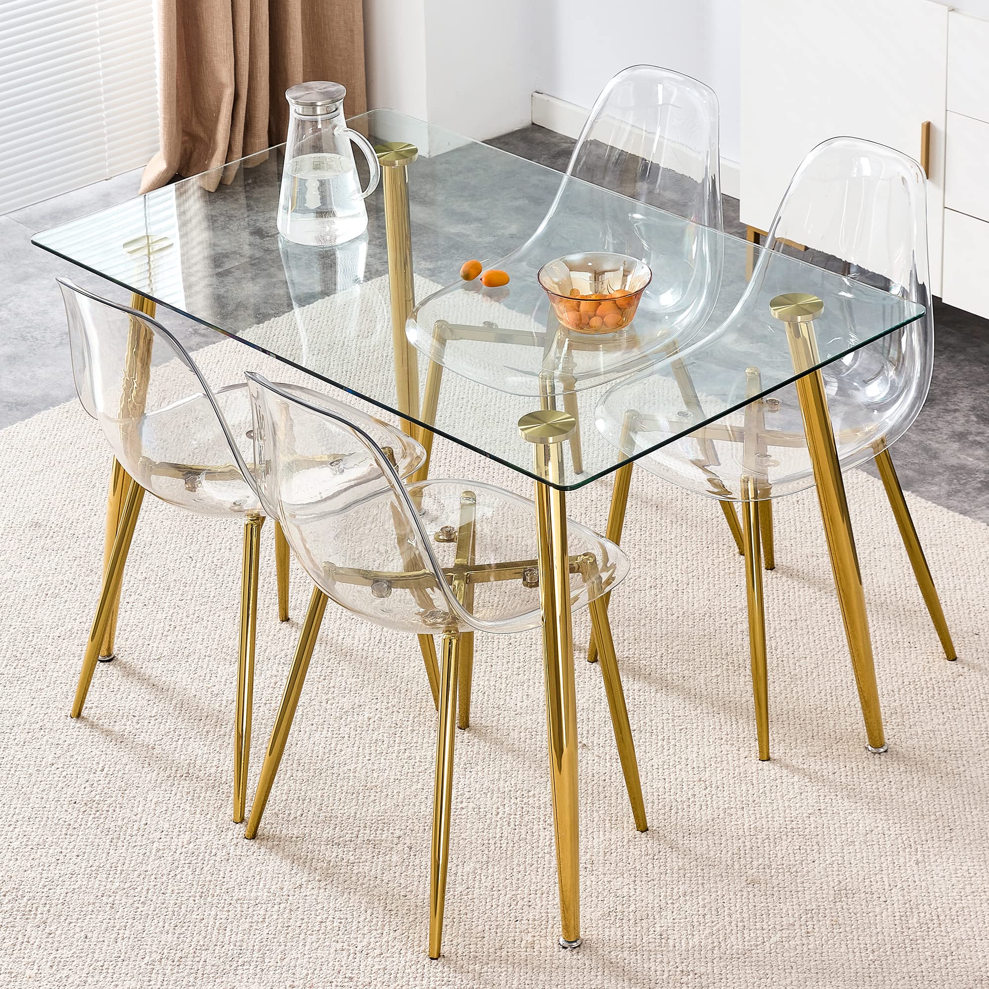 Ufurpie 5 Piece Glass Dining Table Set,51" Kitchen Table and Chairs for 4,Clear Dining Room Table Sets w/Gold Chrome Legs,Modern Dining Room Sets for Home, Kitchen, Dining Room(Gold)