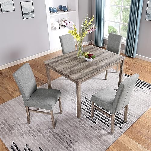 Tmosi 5 Piece Farmhouse Dining Table Set for 4, Mid-Century Modern Rectangular Table and 4 Upholstered Chairs, Kitchen Wood Table and Chairs for Small Dining Room, Home, Apartment, Gray