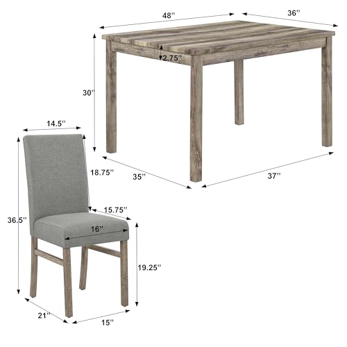 Tmosi 5 Piece Farmhouse Dining Table Set for 4, Mid-Century Modern Rectangular Table and 4 Upholstered Chairs, Kitchen Wood Table and Chairs for Small Dining Room, Home, Apartment, Gray