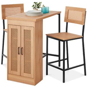 best choice products 3-piece rattan dining set, counter height boho dining table for kitchen for 2, dining room w/adjustable storage shelves, cabinet doors, metal frames