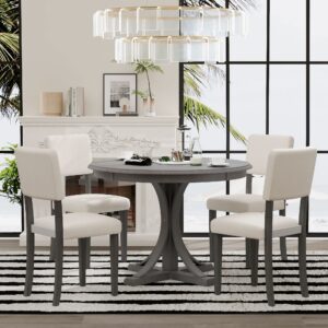 merax 5-piece retro round dining table set with curved trestle style legs and 4 upholstered chairs, kitchen furniture, 44 x 44 x 30.2, grey