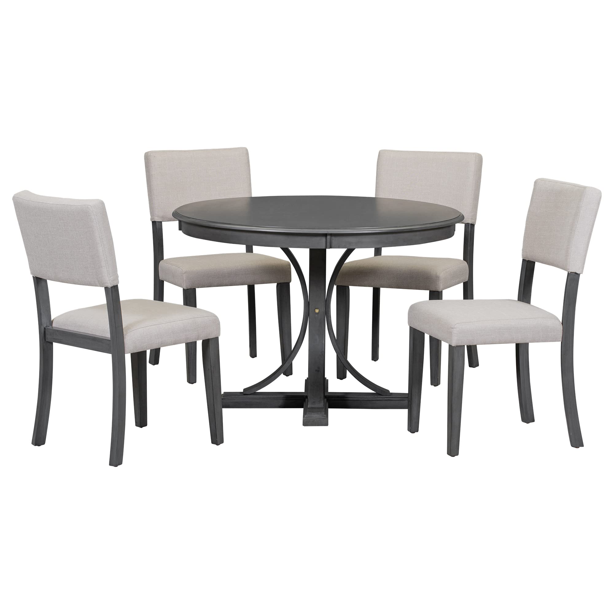 Merax 5-Piece Retro Round Dining Table Set with Curved Trestle Style Legs and 4 Upholstered Chairs, Kitchen Furniture, 44 x 44 x 30.2, Grey