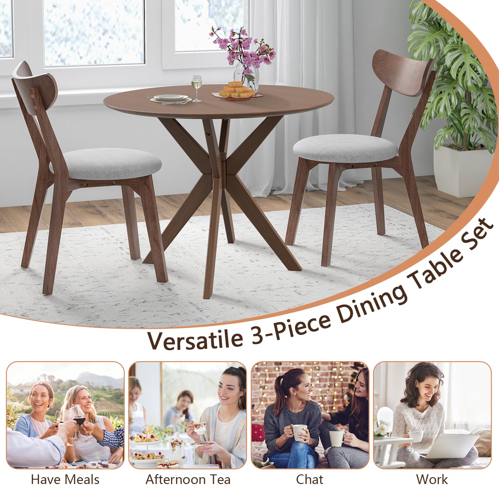 Tangkula Dining Table Set for 2, Round Wooden Dining Set of 2 with Cushioned Chairs, Mid-Century Farmhouse Table and Chair Set for Kitchen and Living Room