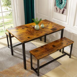 awqm dining room table set, kitchen table set with 2 benches, ideal for home, kitchen and dining room, breakfast table of 47.2x28.7x28.7 inches, benches of 41.3x11.8x17.7 inches, industrial brown