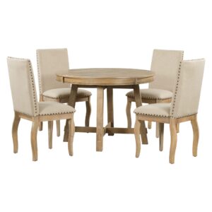 Bellemave Round Dining Table Set for 4, 5 Piece Extendable Round Kitchen Table and Chairs, Wood Round Table with 4 Upholstered Chairs for Dining Room, Dinette, Breakfast Nook, Natural Wood Beige