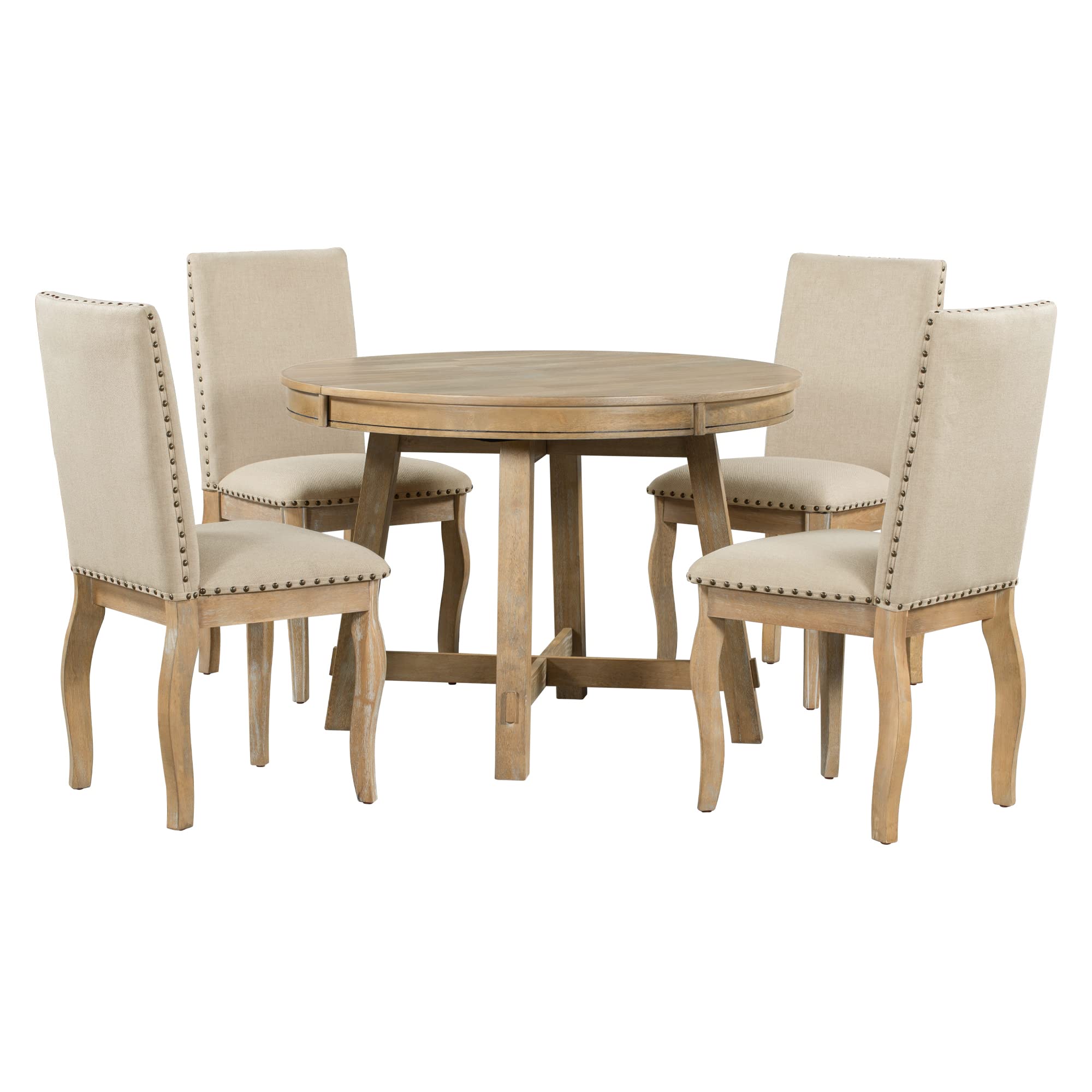 Bellemave Round Dining Table Set for 4, 5 Piece Extendable Round Kitchen Table and Chairs, Wood Round Table with 4 Upholstered Chairs for Dining Room, Dinette, Breakfast Nook, Natural Wood Beige