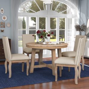 Bellemave Round Dining Table Set for 4, 5 Piece Extendable Round Kitchen Table and Chairs, Wood Round Table with 4 Upholstered Chairs for Dining Room, Dinette, Breakfast Nook, Natural Wood Beige