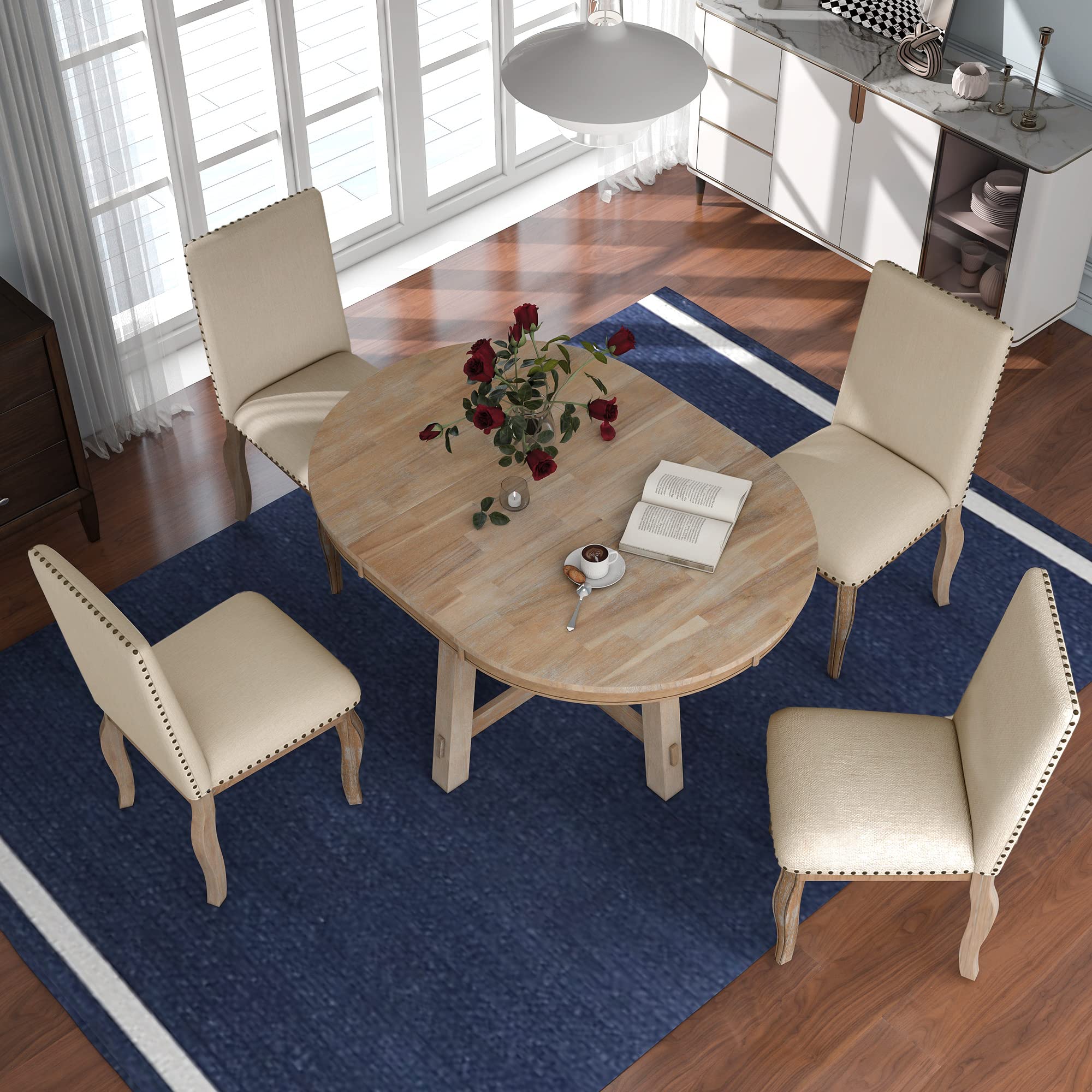 Bellemave Round Dining Table Set for 4, 5 Piece Extendable Round Kitchen Table and Chairs, Wood Round Table with 4 Upholstered Chairs for Dining Room, Dinette, Breakfast Nook, Natural Wood Beige