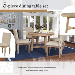 Bellemave Round Dining Table Set for 4, 5 Piece Extendable Round Kitchen Table and Chairs, Wood Round Table with 4 Upholstered Chairs for Dining Room, Dinette, Breakfast Nook, Natural Wood Beige