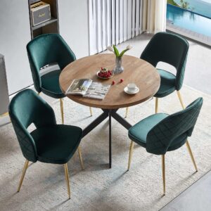 NORDICANA 5-Pieces 37-Inch Dining Table Set for 4 - Space Saving Round Table and Chairs with 4 Seaters Velvet Upholstered Chairs for Kitchen, Apartment (Forest Green)