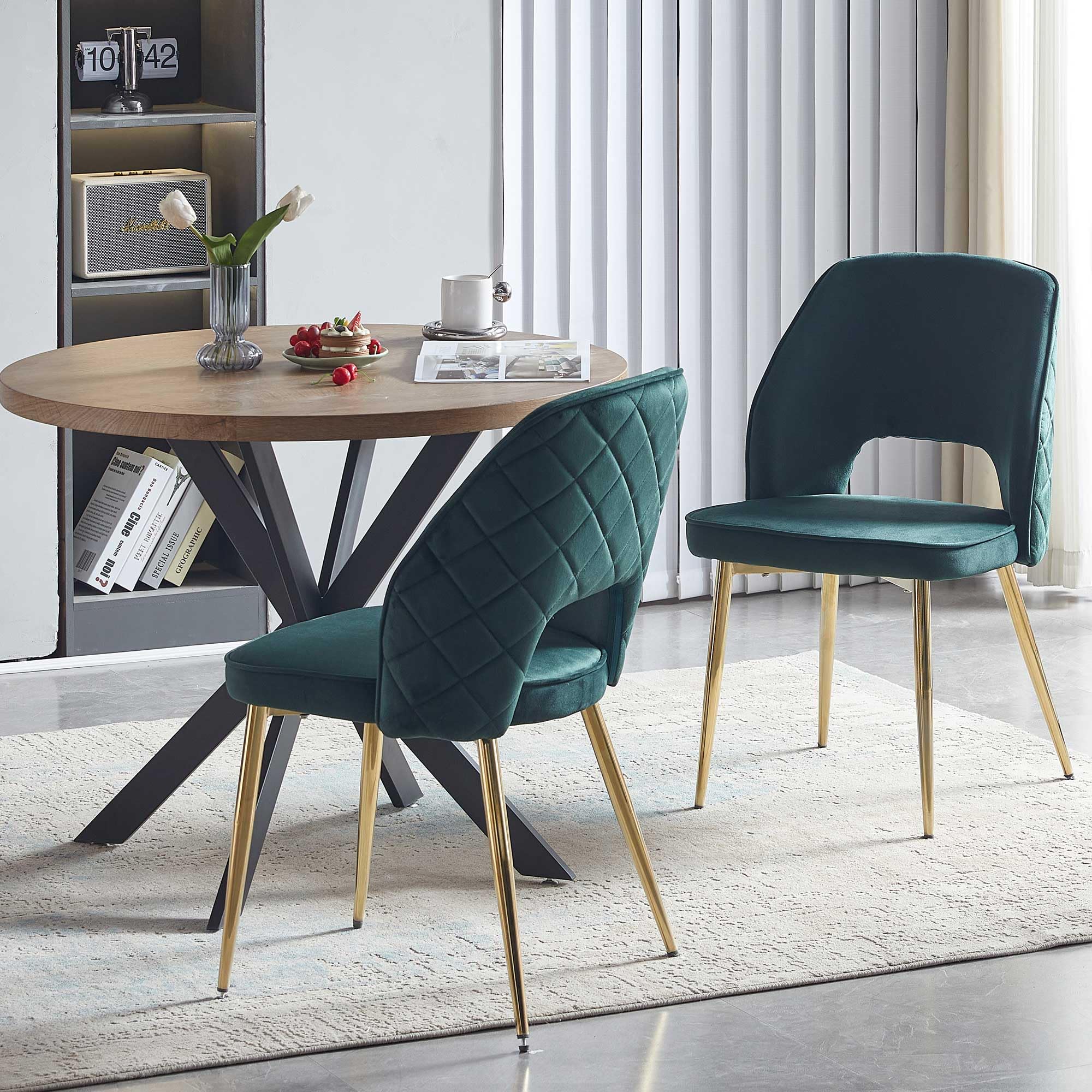 NORDICANA 5-Pieces 37-Inch Dining Table Set for 4 - Space Saving Round Table and Chairs with 4 Seaters Velvet Upholstered Chairs for Kitchen, Apartment (Forest Green)