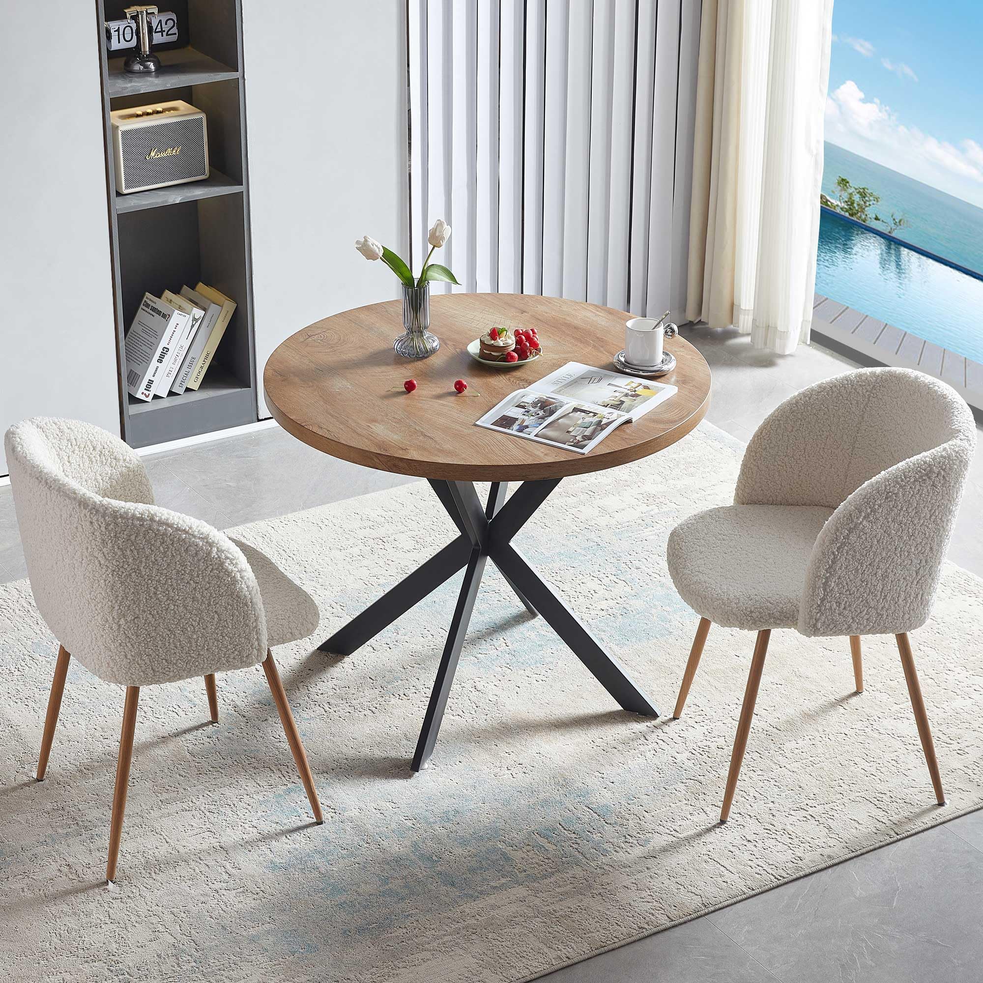 Homedot 3 Pieces Dining Table Set for 2, Home Kitchen Round Dining Table with Thick Tabletop and 2 Upholstered Arm Chairs, Faux Wood Round Table with Comfy Accent Chair for Living Room,Restaurant