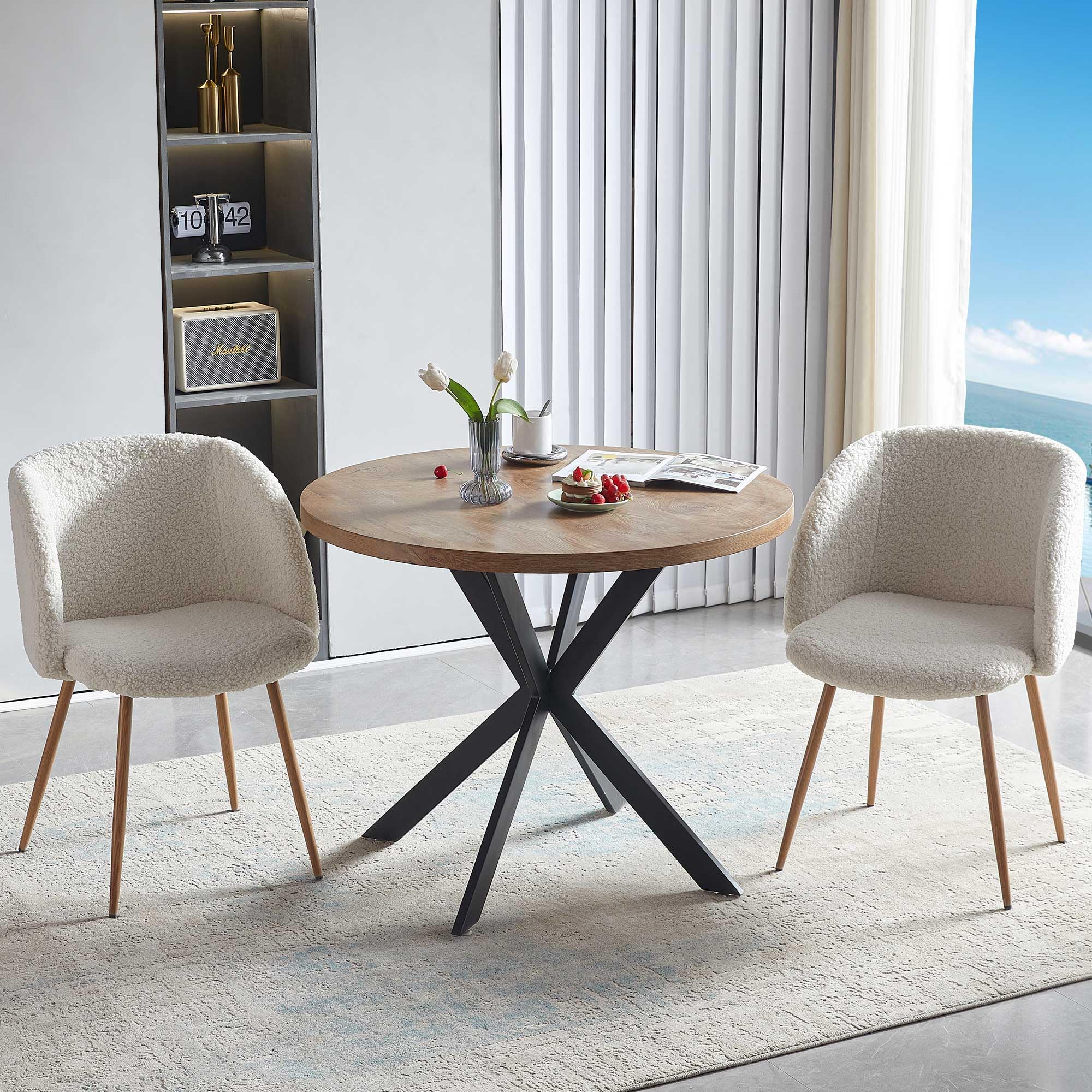 Homedot 3 Pieces Dining Table Set for 2, Home Kitchen Round Dining Table with Thick Tabletop and 2 Upholstered Arm Chairs, Faux Wood Round Table with Comfy Accent Chair for Living Room,Restaurant