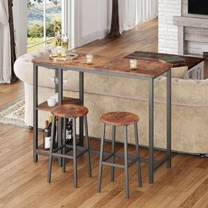 Qsun 3-Piece Bar Table and Chairs Set for 2, Bar Table Set with 2 Storage Shelves, Pub Table Set with Glass Holder for Living Room, Dining Room, Kitchen, Rustic Brown