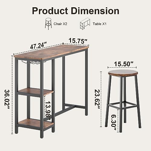 Qsun 3-Piece Bar Table and Chairs Set for 2, Bar Table Set with 2 Storage Shelves, Pub Table Set with Glass Holder for Living Room, Dining Room, Kitchen, Rustic Brown