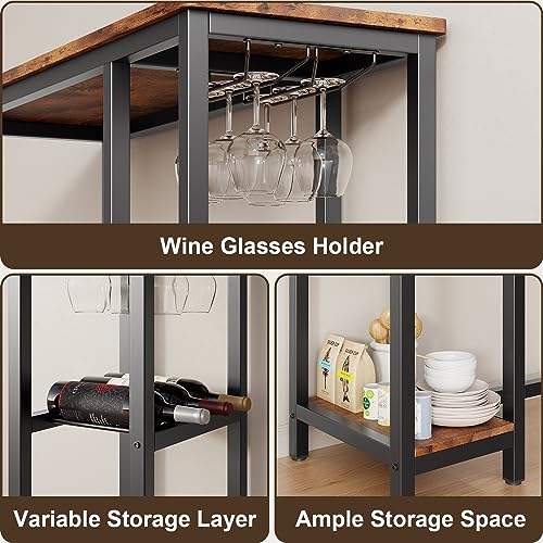 Qsun 3-Piece Bar Table and Chairs Set for 2, Bar Table Set with 2 Storage Shelves, Pub Table Set with Glass Holder for Living Room, Dining Room, Kitchen, Rustic Brown