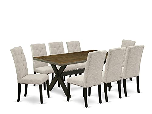 East West Furniture X677EL635-9 9-Piece Dining Set - Dinner Table Rectangular Top - 8 Beautiful Dining Chairs Padded Seat and Back (Distressed Espresso & Wire Brushed Black Finish)