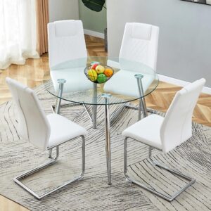 Glass Round Dining Table Set for 4, Modern Kitchen Table Chairs Set of 4 Chairs, Circle Clear Dining Room Table Set for 4 PU Leather Chairs, Comedor de 4 Sillas y Mesa,for Small Space Office Cafe