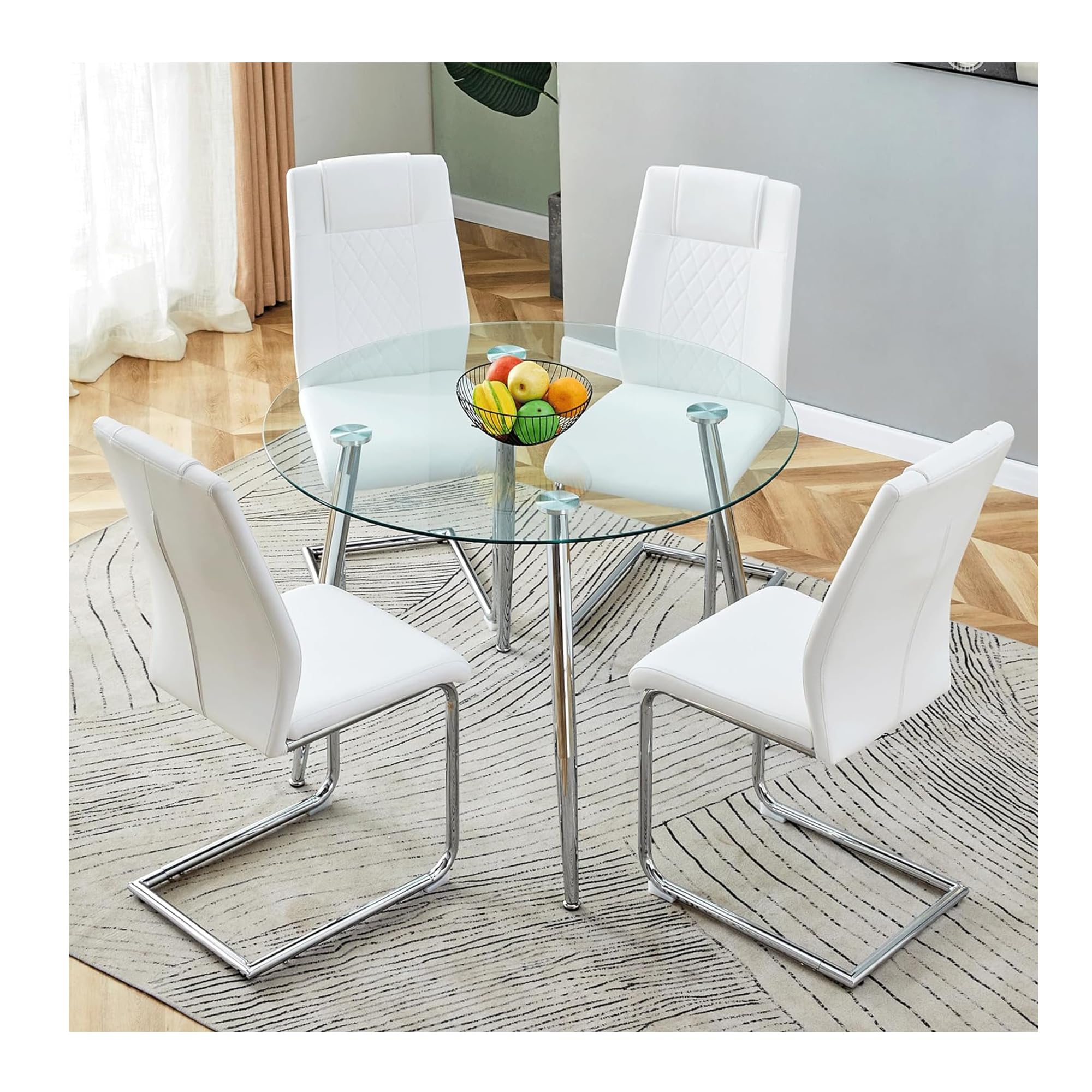 Glass Round Dining Table Set for 4, Modern Kitchen Table Chairs Set of 4 Chairs, Circle Clear Dining Room Table Set for 4 PU Leather Chairs, Comedor de 4 Sillas y Mesa,for Small Space Office Cafe