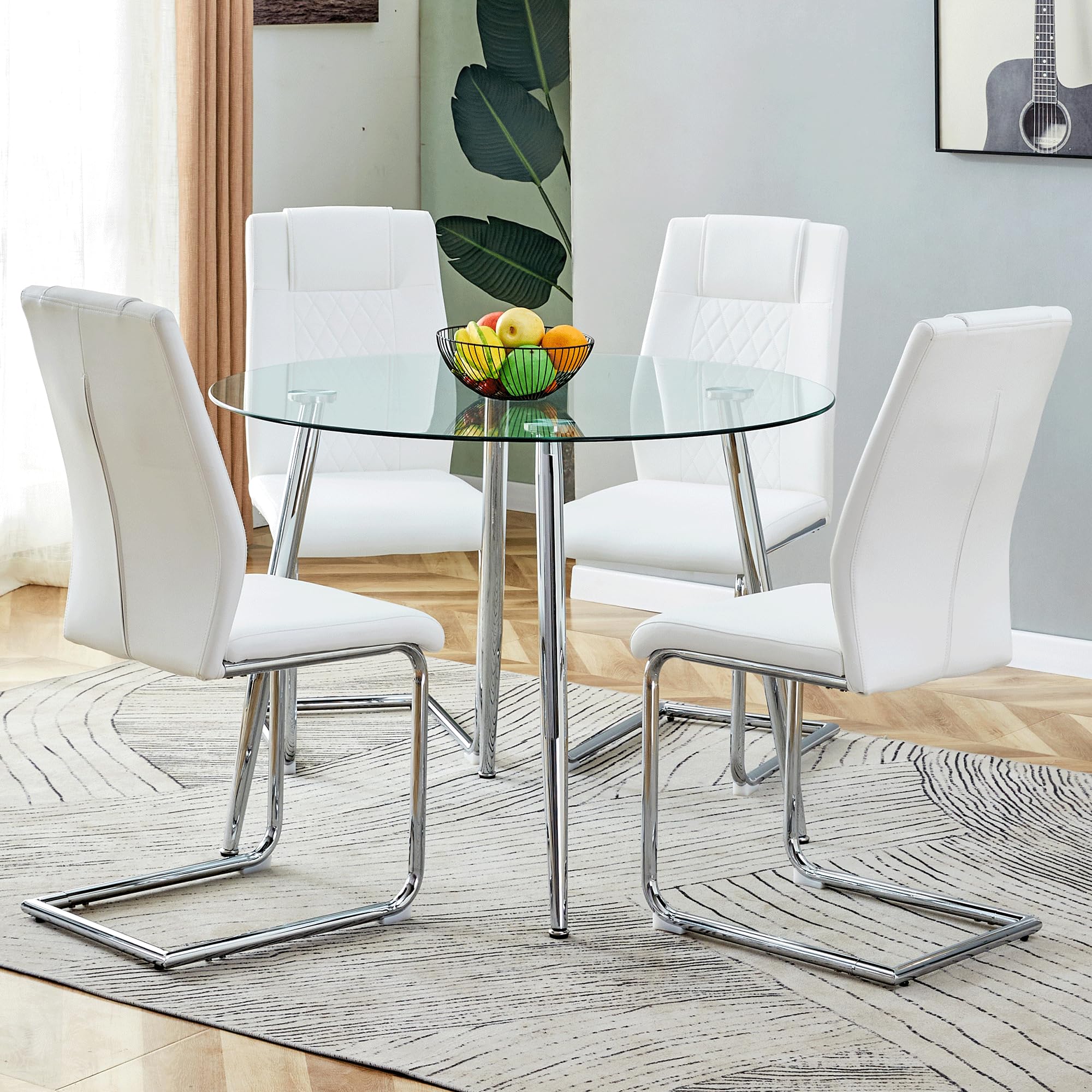 Glass Round Dining Table Set for 4, Modern Kitchen Table Chairs Set of 4 Chairs, Circle Clear Dining Room Table Set for 4 PU Leather Chairs, Comedor de 4 Sillas y Mesa,for Small Space Office Cafe